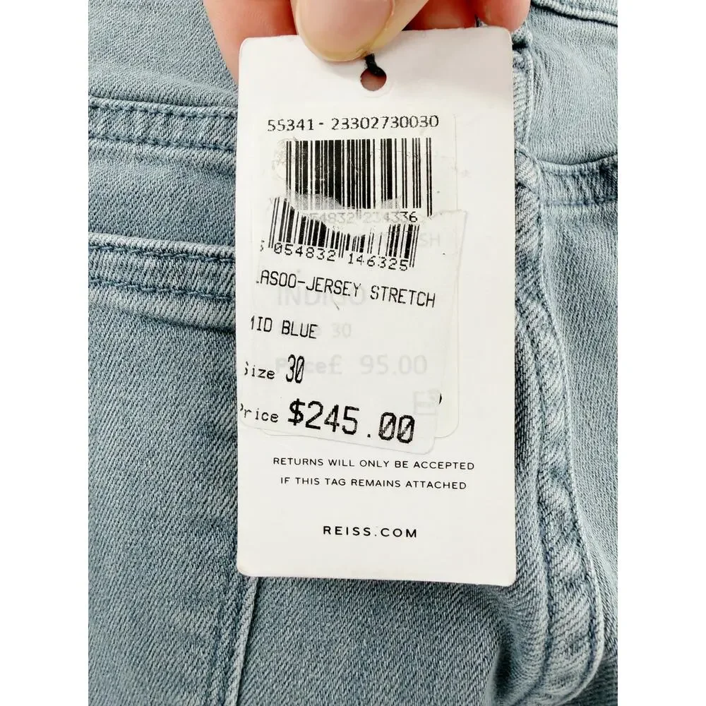 REISS Mason Jeans Size 30 Waist NEW $245 Mid Blue Jersey Stretch Tapered Slim